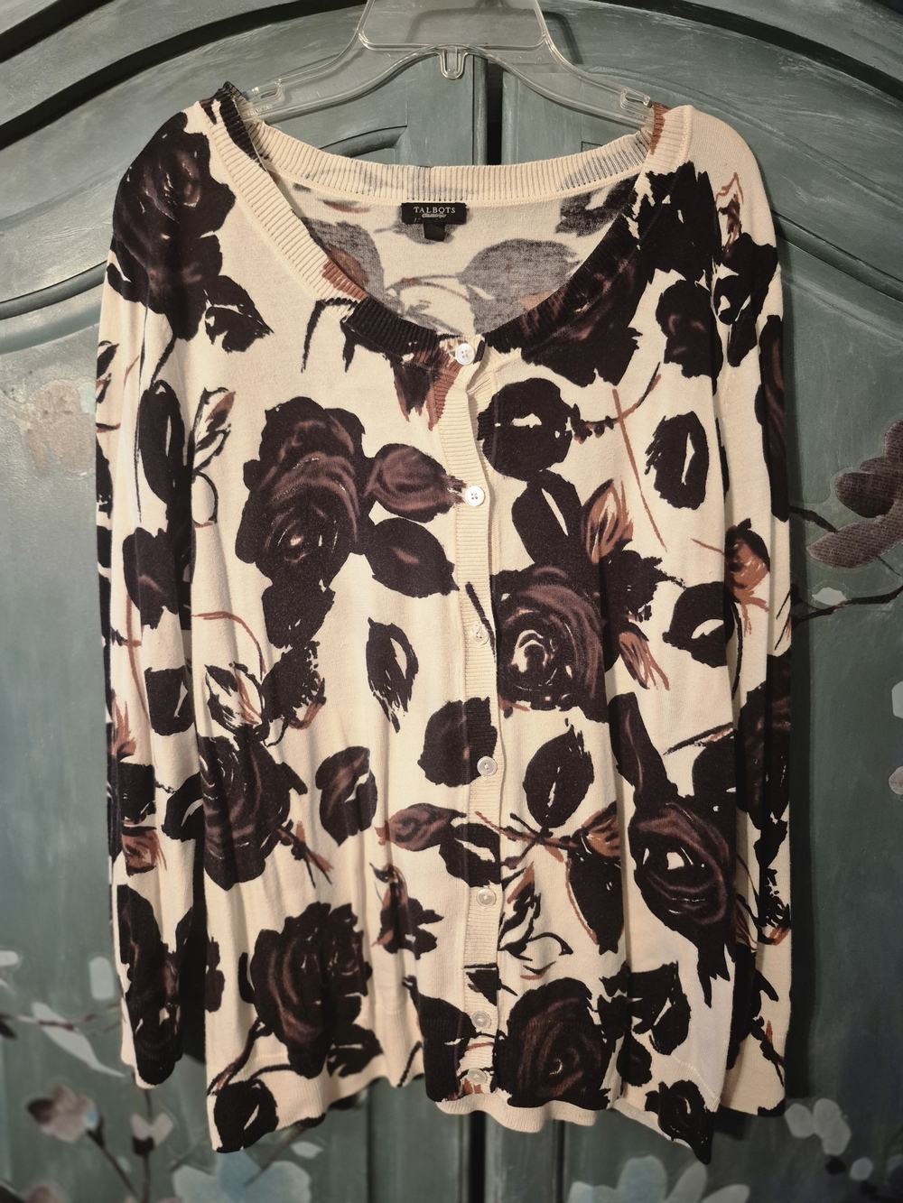 Talbots Floral Button-Front Cardigan in Cream and Brown And Black